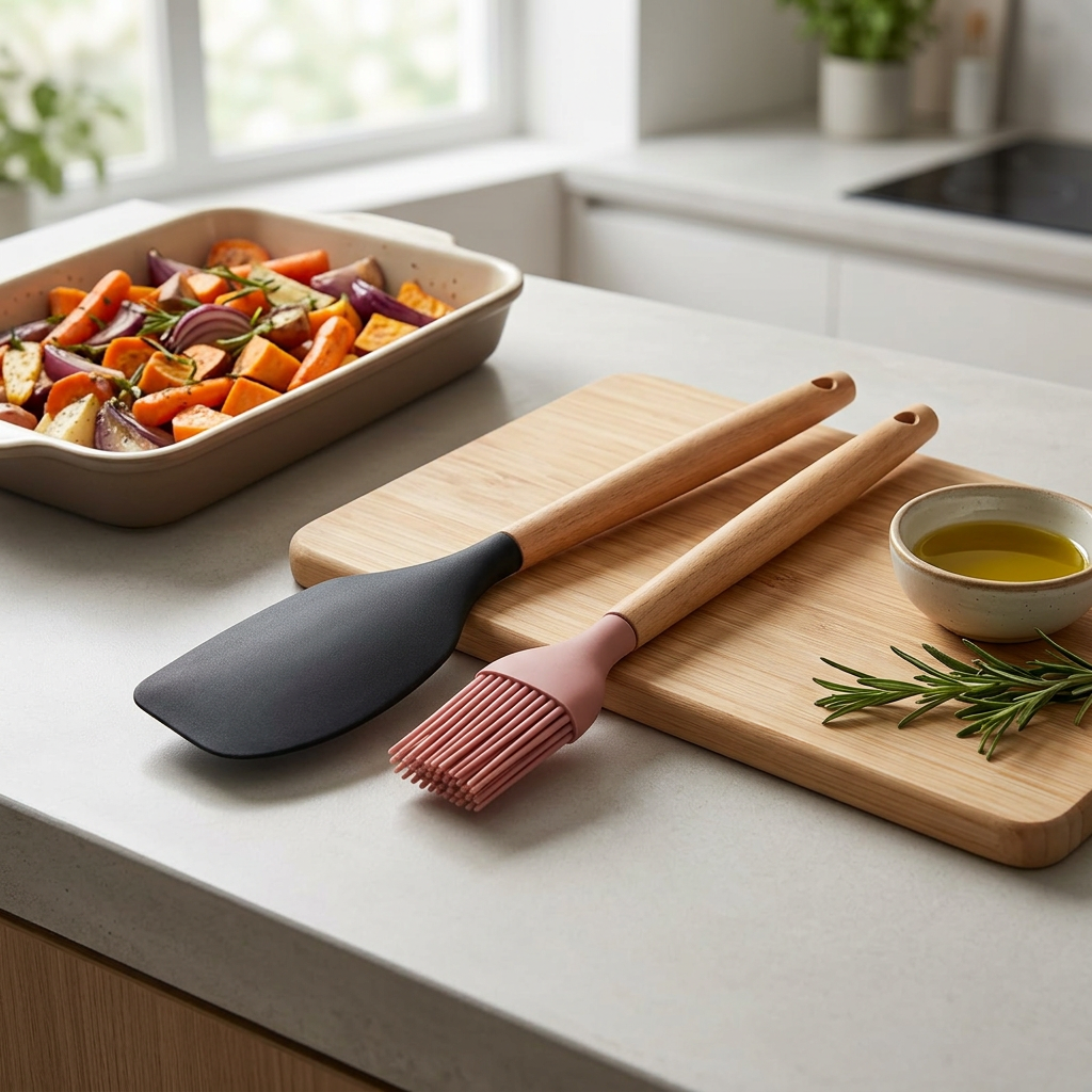 Royalford 2-Piece Silicone Kitchen Tool Set with Wooden Handles - 30cm / 27cm