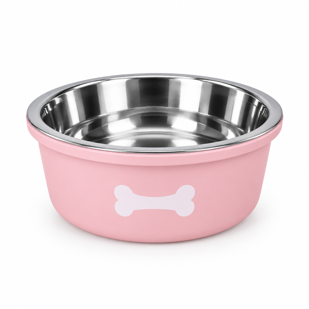 Silicone and Stainless Steel Pet Feeding Bowl Pink - 13.5cm