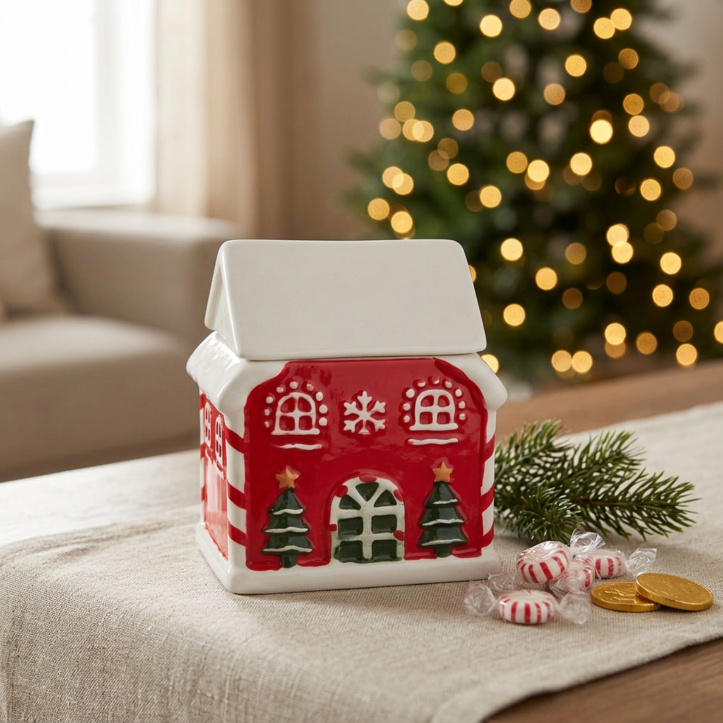 Ceramic Christmas House Candy Jar with Lid - 10×9cm