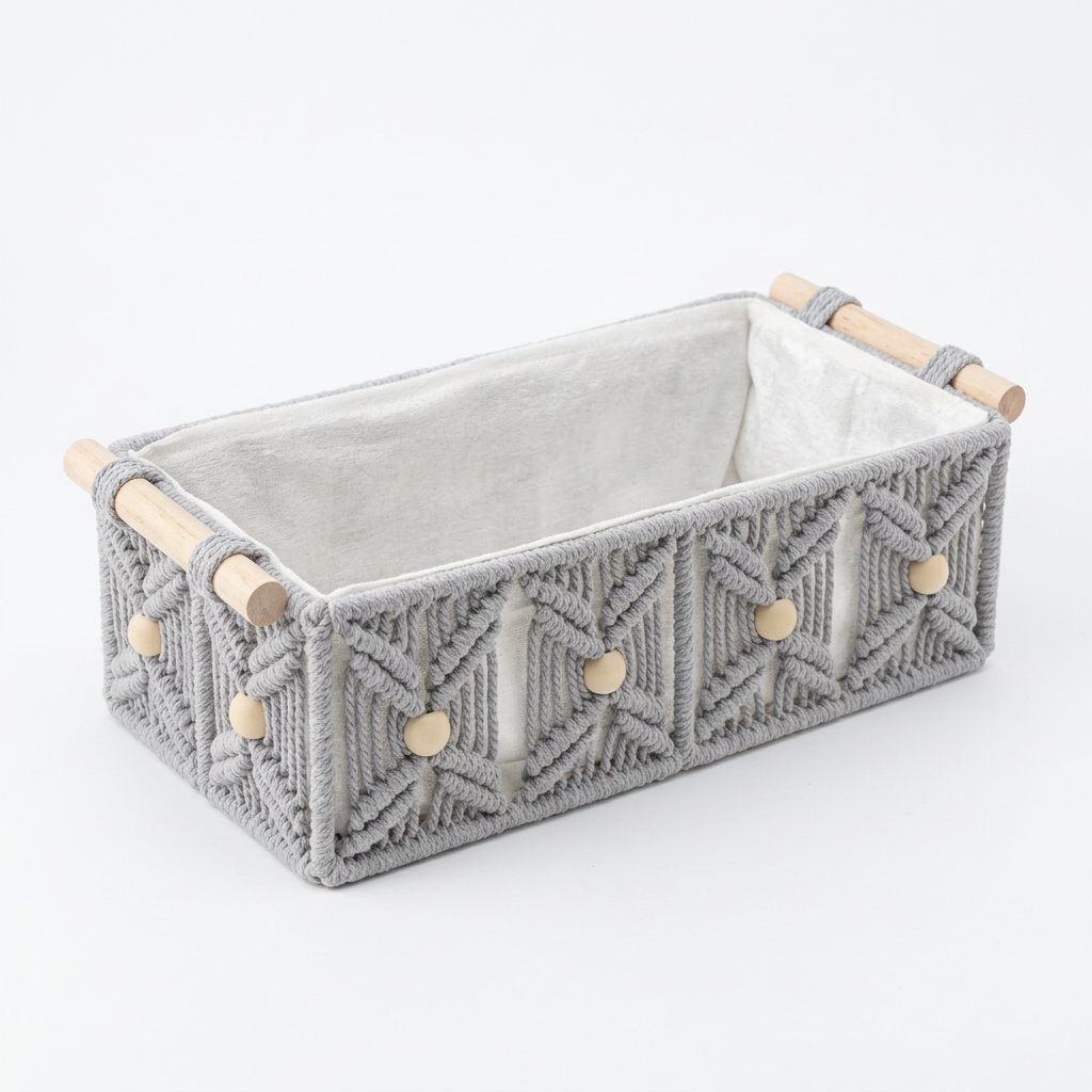 Rectangular Open Cloth Storage Box with Wooden Handles Grey – 30×15cm