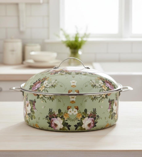 MAYFLOWER Stainless Steel Hot Pot 5000ml – Pista Green Floral Pattern, Large Capacity Food Warmer