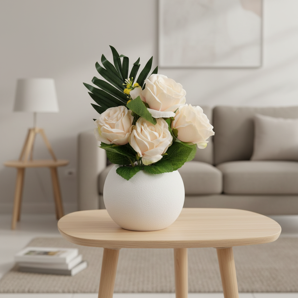 Artificial Flower Plant Cream with White Plastic Pot - 30cm