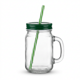 Mason Glass Jar with Handle & Straw Green - 500ml