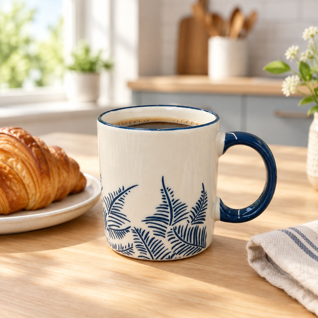 Ceramic Mug Navy Blue Fern Design - 350ml