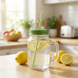Mason Glass Jar with Handle & Straw Green - 500ml