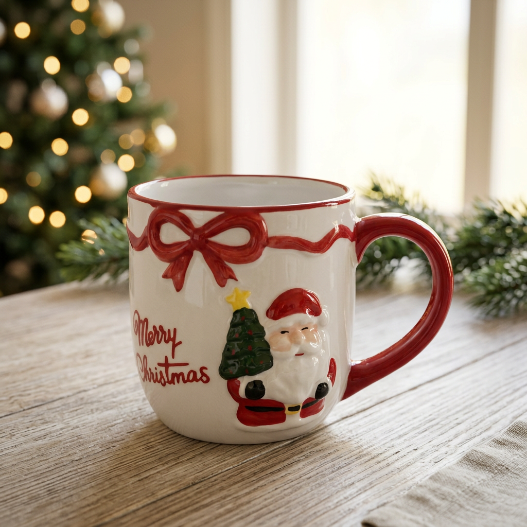 Ceramic Christmas Mug with Raised Santa & Bow Design - 300ml