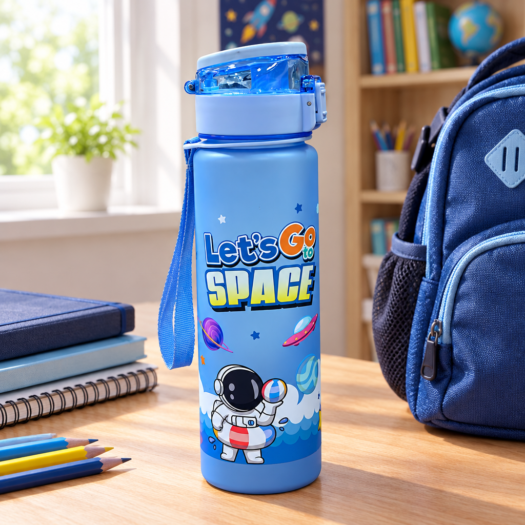 Plastic Water Bottle with Astronaut Space Print Blue - 1 litre