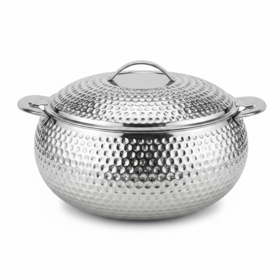Pradeep Shahla Silver Stainless Steel Hotpot | Hammered Diamond-Texture Insulated Casserole Dish with Lid & Handles |