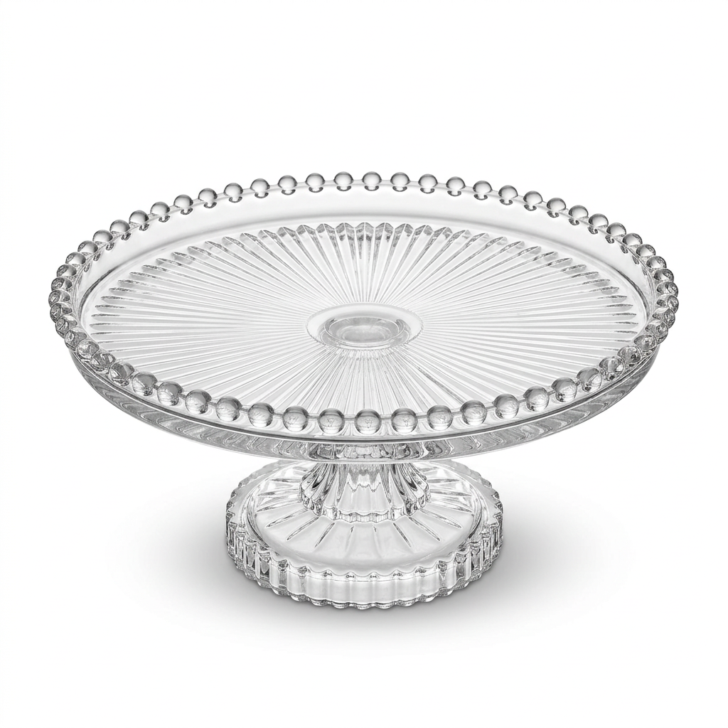 Delisoga Glass Footed Cake Plate with Beaded Rim – 20cm