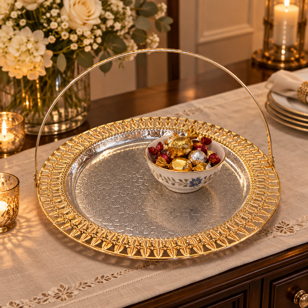 Metal Round Serving Tray with Handle Gold & Silver - 28cm
