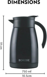 Borosil Insulated Stainless Steel Vacuum Flask Carafe, 750 ml, Black