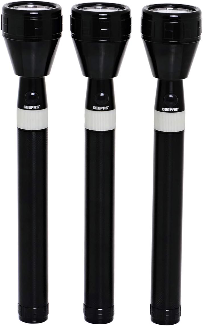 Geepas GFL4658 Super Bright Rechargeable LED Flashlight Set of 3 | 2000 Meters Ultra Long Range Beam | Waterproof Heavy-Duty Torch with Charger and Battery