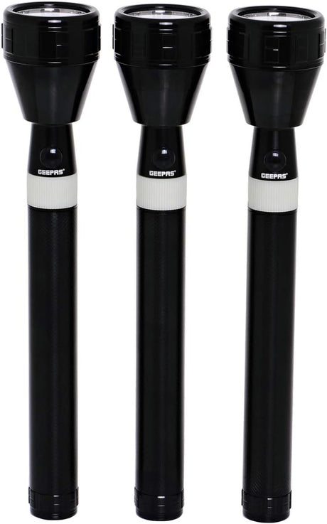 Geepas GFL4658 Super Bright Rechargeable LED Flashlight Set of 3 | 2000 Meters Ultra Long Range Beam | Waterproof Heavy-Duty Torch with Charger and Battery
