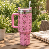 Floral Stainless Steel Water Bottle with Straw and Handle Pink – 1 Litre