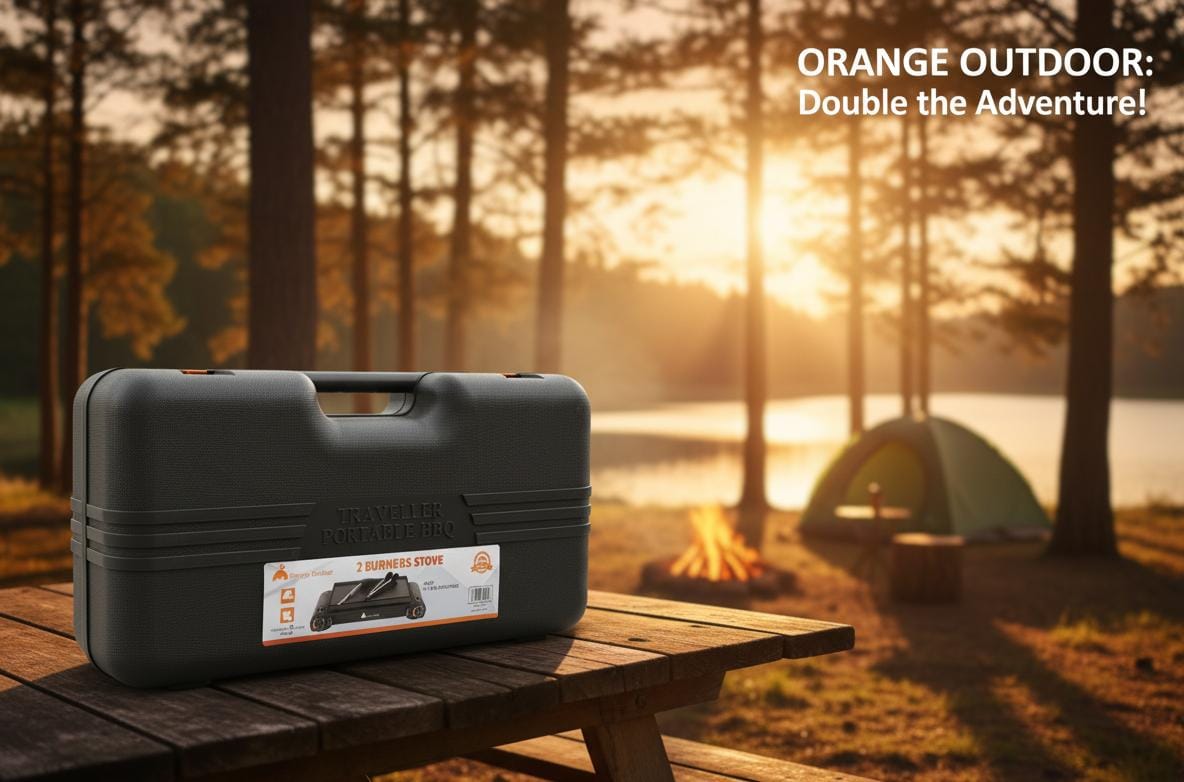 ORANGE OUTDOOR Double Burner Portable Gas Stove 60×26×12 cm – Heavy Duty Camping Cooker for Outdoor Travel & BBQ