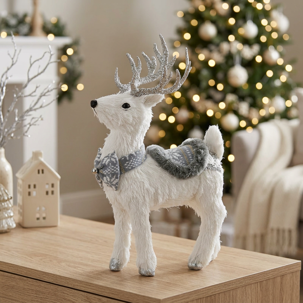Reindeer Figurine with Silver Glitter Antlers White - 29×12cm
