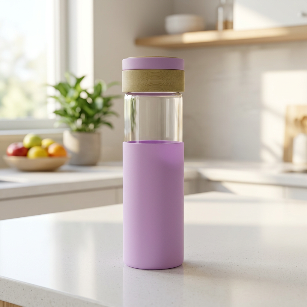 Glass Water Bottle with Silicone Cover Lavender - 1 Litre