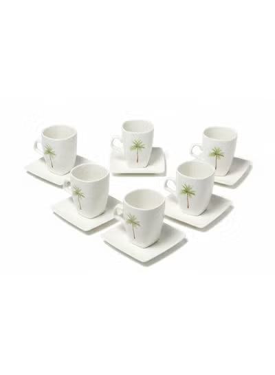 Velvet White Ceramic Cup & Saucer Set With Palm Tree Design – 12 Piece Set | 120ml