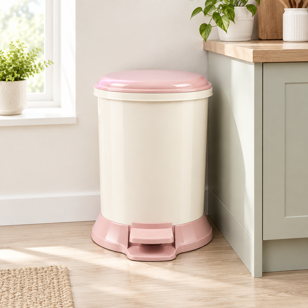 Plastic Pedal Dustbin Cream & Pink - 33×25cm
