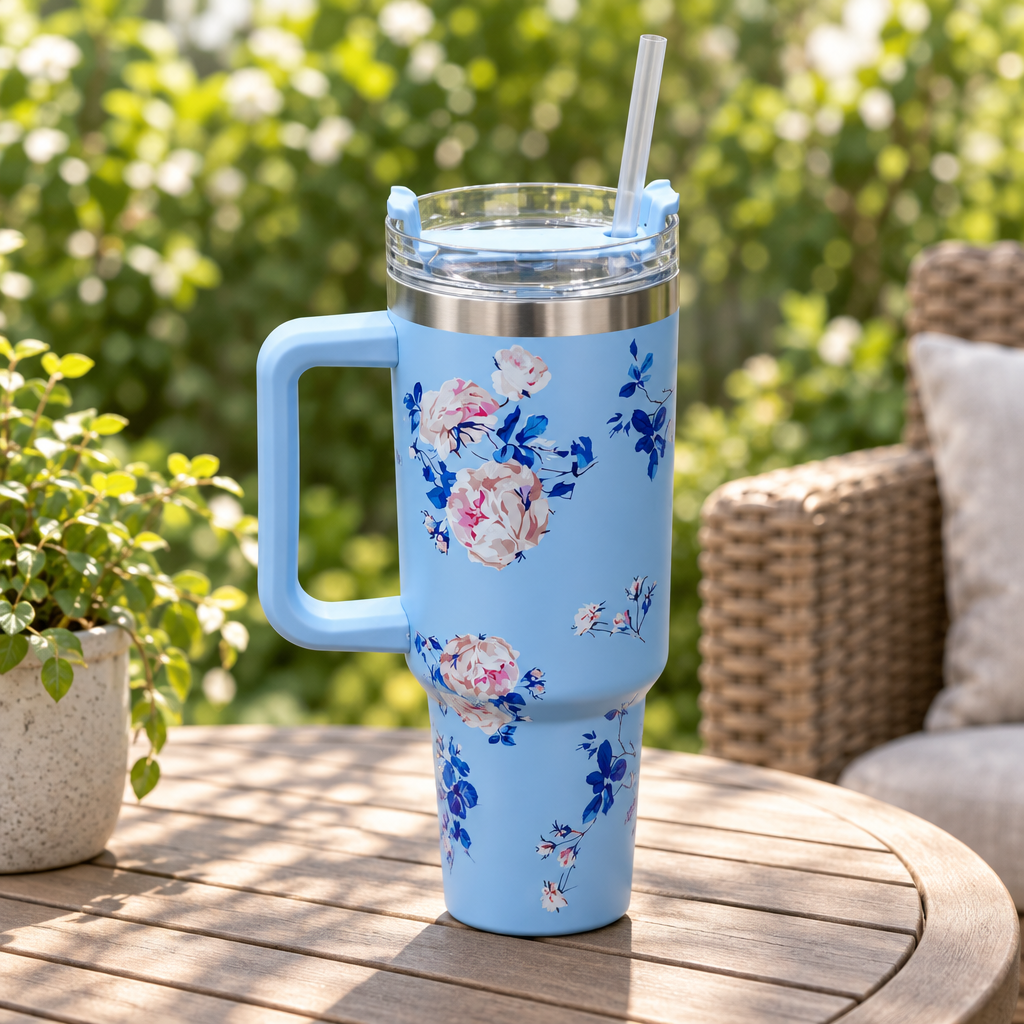 Stainless Steel Water Bottle with Straw & Handle Light Blue - 1 Litre