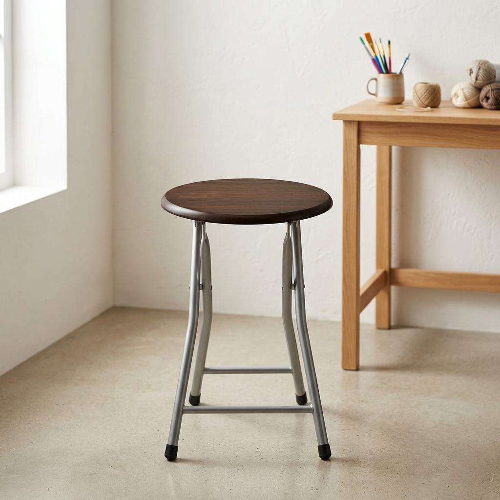 Wooden & Metal Folding Stool Brown & Silver – 30×45cm