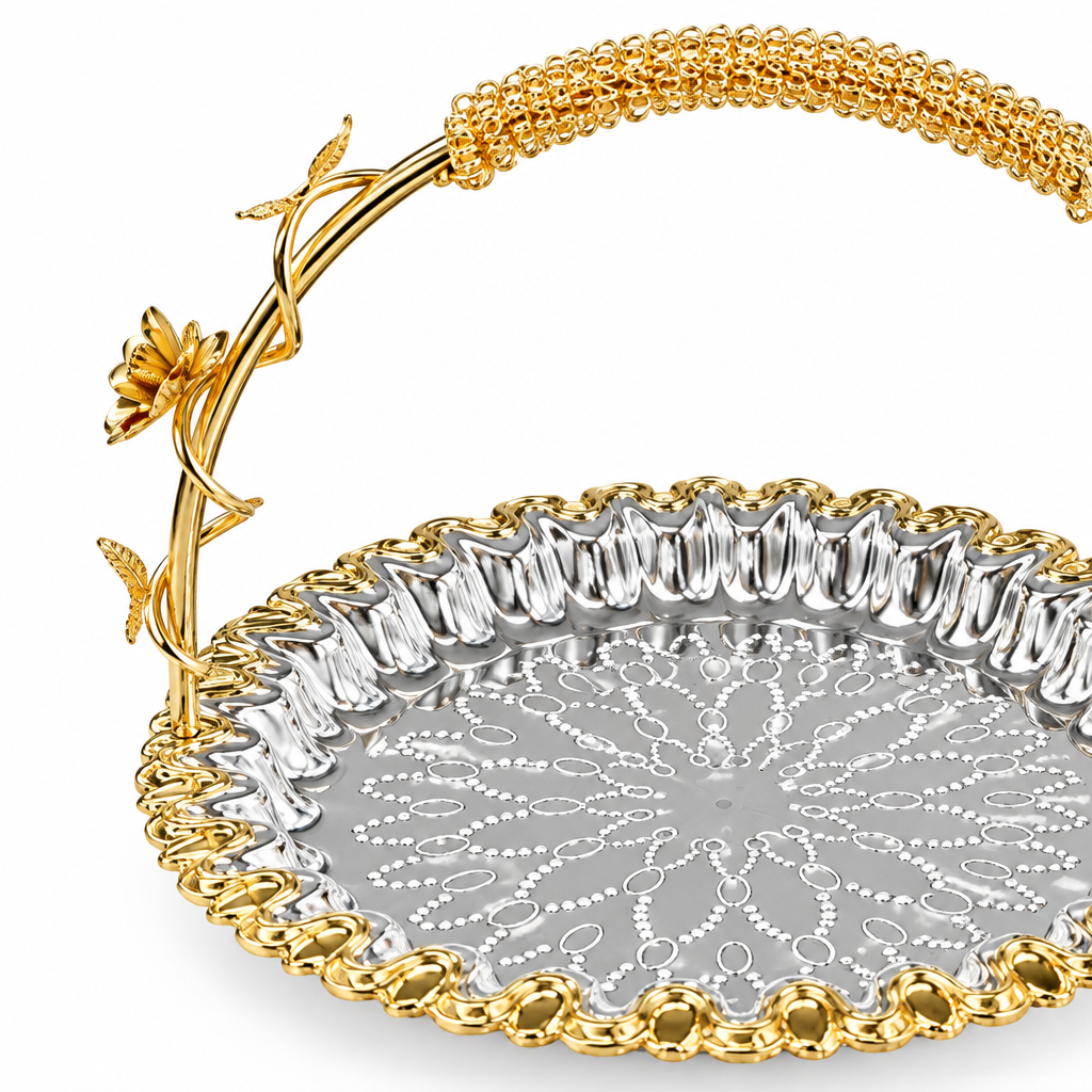 Germax Stainless Steel Round Serving Tray with Handle Silver & Gold - 24cm