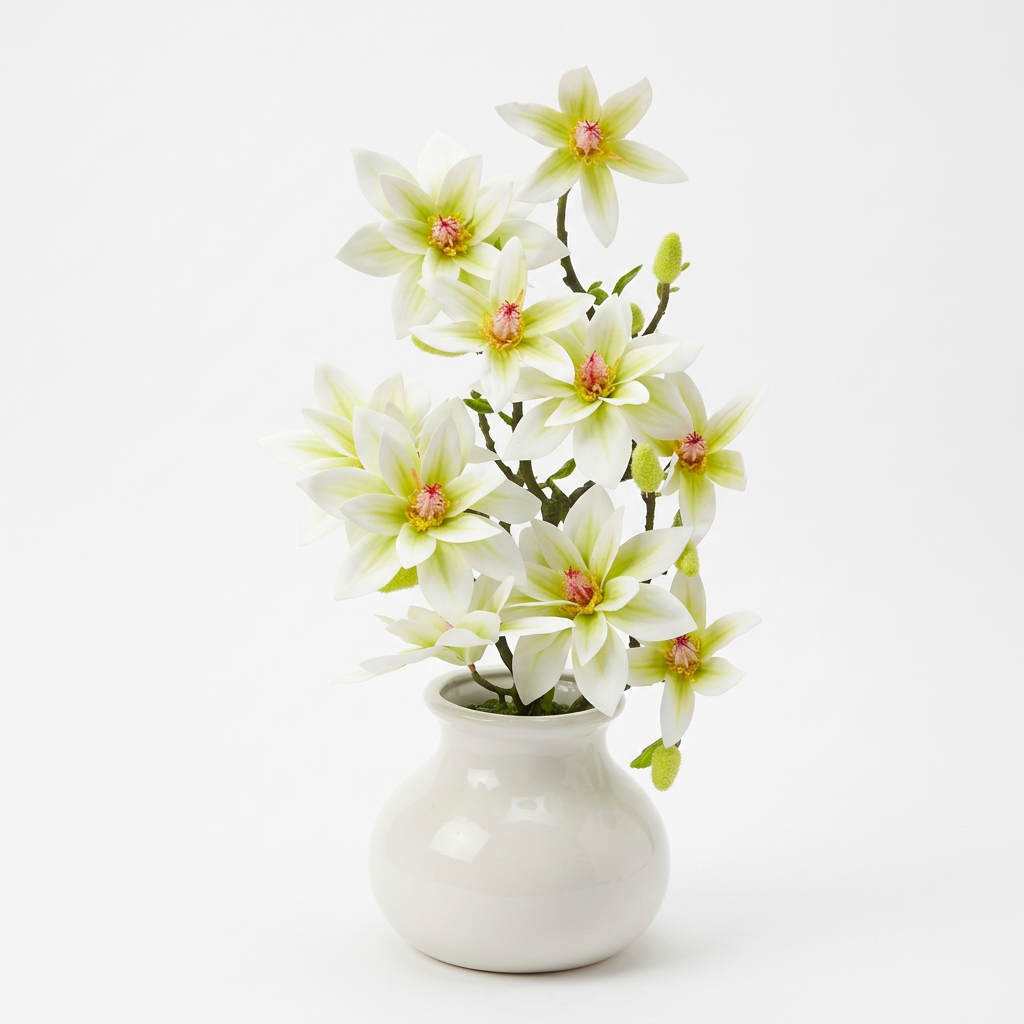 Artificial Orchid Plant in Ceramic Vase White & Lime Green - 40cm