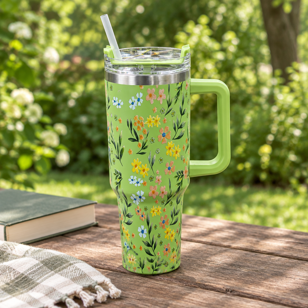 Floral Stainless Steel Water Bottle with Straw & Handle Light Green - 1 Litre