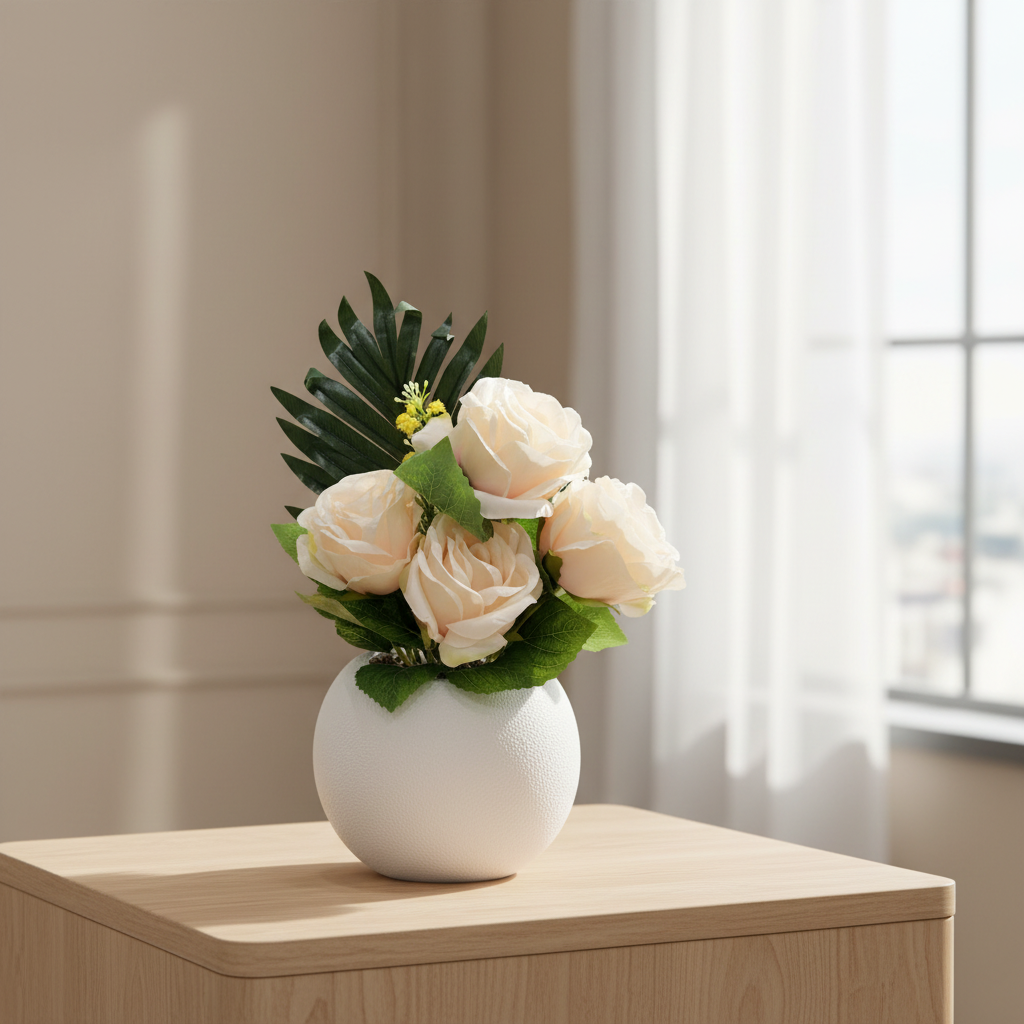 Artificial Flower Plant Cream with White Plastic Pot - 30cm