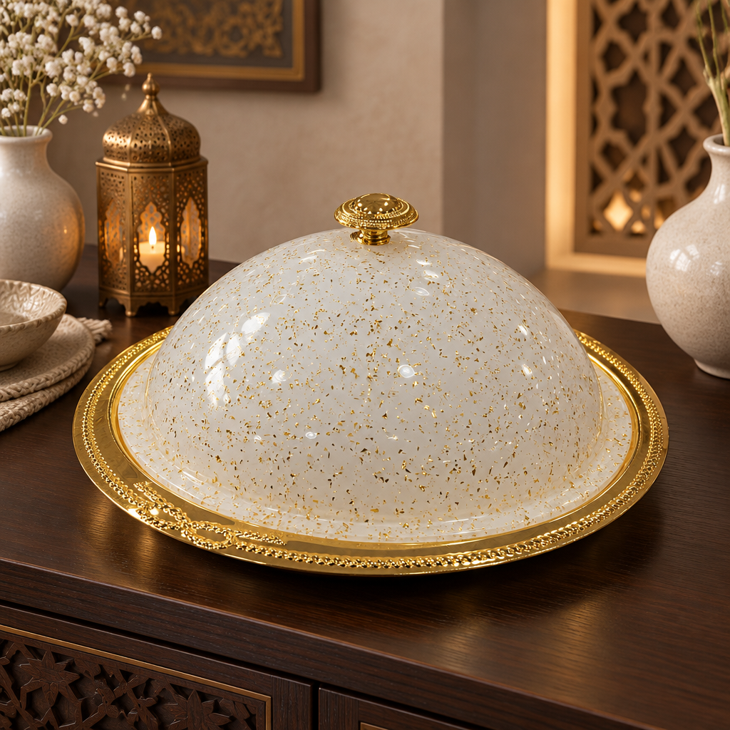Koozie Metal Serving Tray with Acrylic Lid Gold & White  – 48×20cm