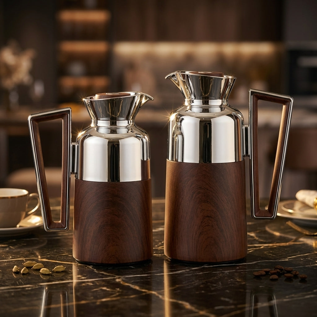 Fursan Vacuum Flask Set, 0.7 Litre + 1 Litre, Silver with Dark Wood Finish
