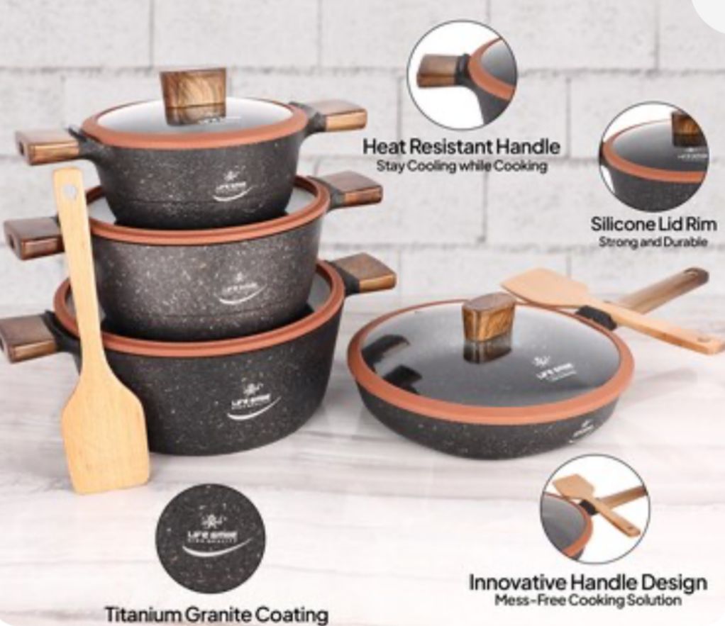 Life Smile  Burj Al Arab Series 10pcs   Non-Stick Granite Coating Cookware Set Includes 6.2 Liter Soup Pot with Lid- 1pc, 4.1 Liter Soup Pot with Lid- 1pc, 2.4 Liter Soup Pot with Lid- 1pc, 2.9 Liter Fry Pan Lid- 1pc, 2pc Spoons, LIFEP15-10T2-Brown
