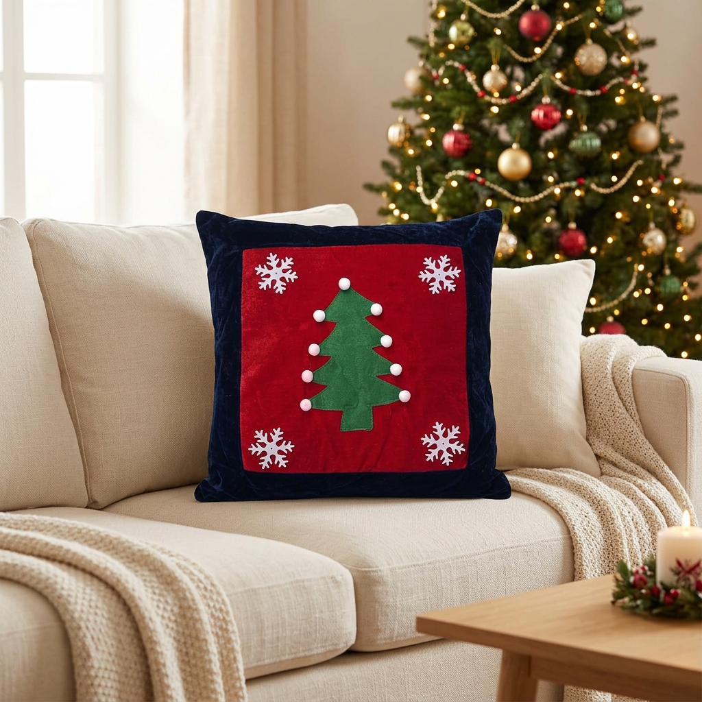 Christmas Tree & Snowflake Cushion Navy Blue & Red - 40×40cm