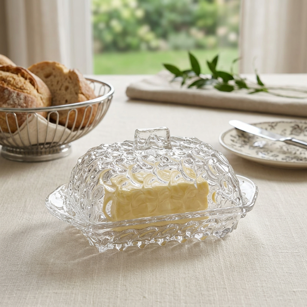 Glass Butter Dish with Decorative Lid – 15×10cm