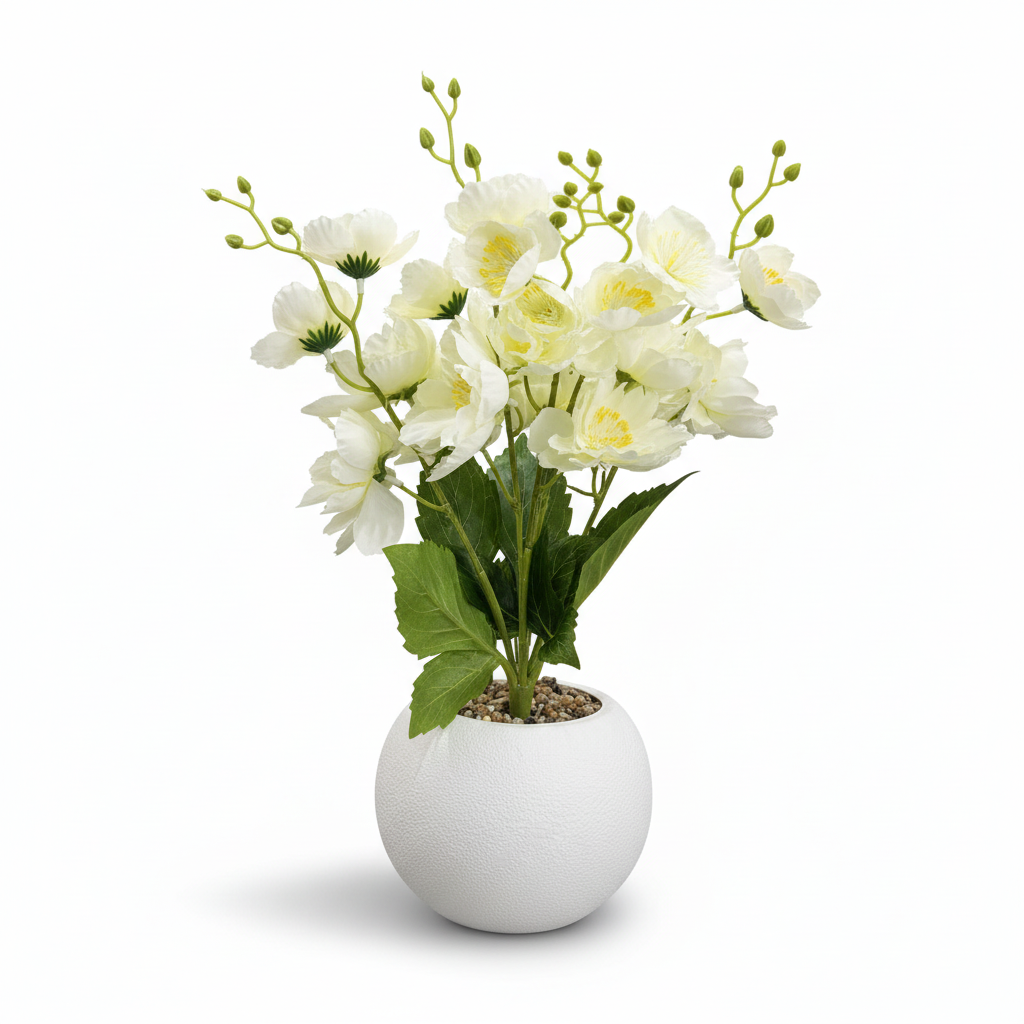 Artificial Flower Plant White with White Plastic Pot - 40cm