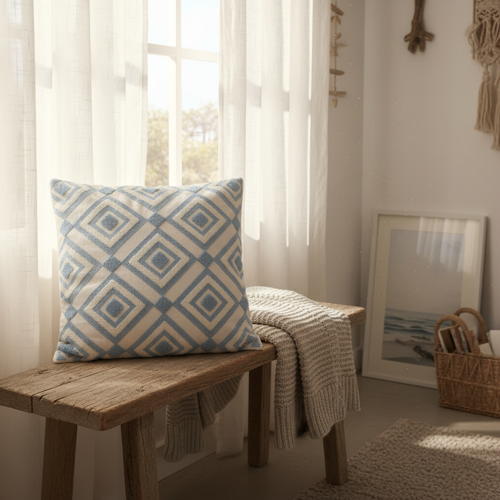 Tufted Geometric Cushion Blue & White - 40cm