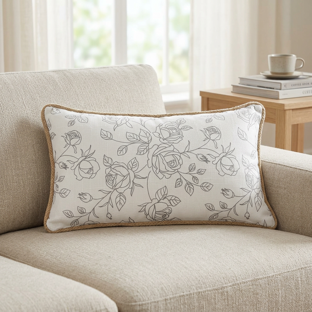 Rectangular Rose Print Cushion Ivory & Grey - 28×50cm