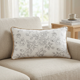 Rectangular Rose Print Cushion Ivory & Grey - 28×50cm