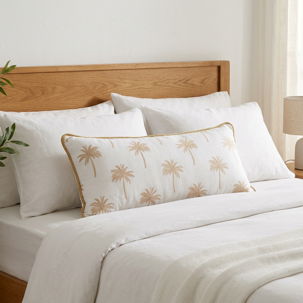 Rectangular Palm Tree Design Cushion Ivory & Beige - 30×70cm