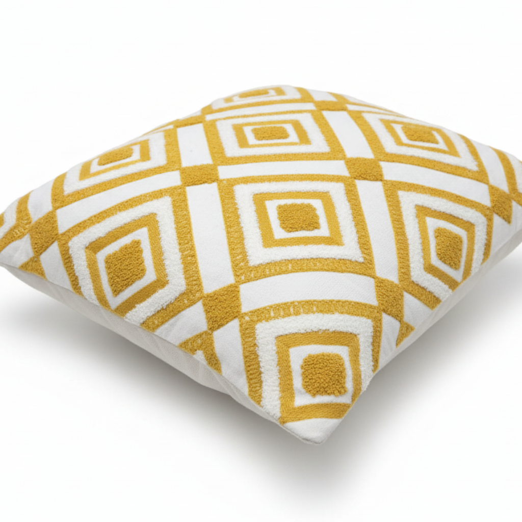 Tufted Geometric Cushion  Mustard Gold & White - 40cm
