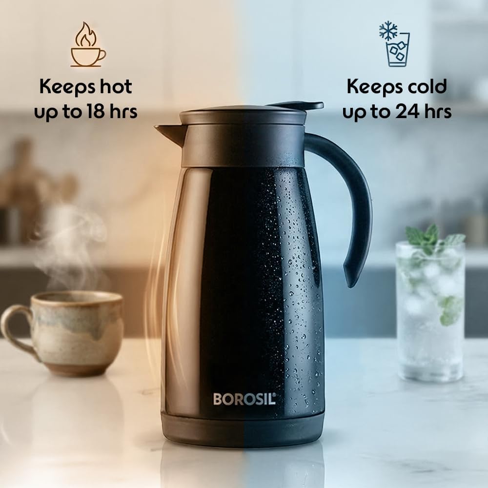 Borosil Insulated Stainless Steel Vacuum Flask Carafe, 1000 ml, Black