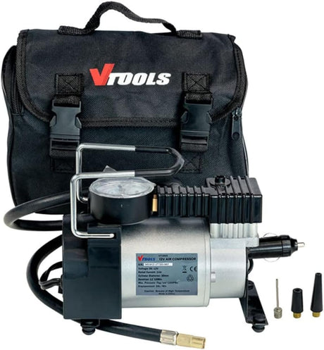 Vtools 12V Portable Air Compressor, Single Cylinder 100 PSI Tyre Inflator with Auto Stop, Carry Bag & 4 Nozzles, Grey, VT1303