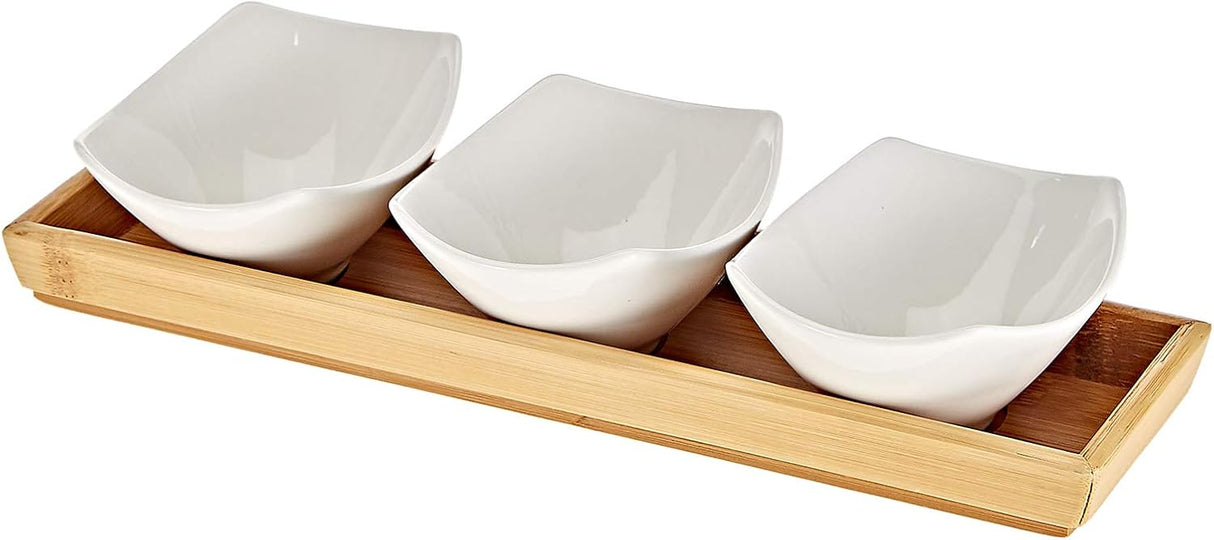 Symphony White Ceramic Square Serving Bowl Set – 3 Pieces with Bamboo Tray 150ml