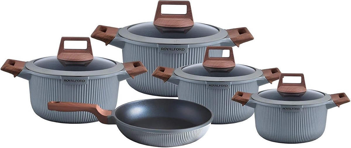 Royalford Mr. Chef 9-Piece Marble-Coated Die-Cast Aluminium Cookware Set – Grey, RF13259