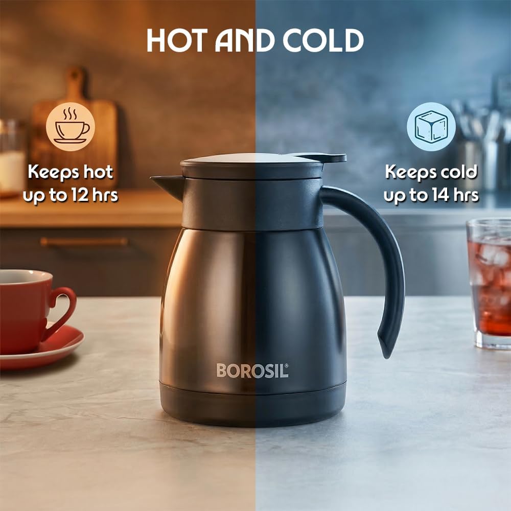 Borosil Insulated Stainless Steel Vacuum Flask Carafe, 500 ml, Black