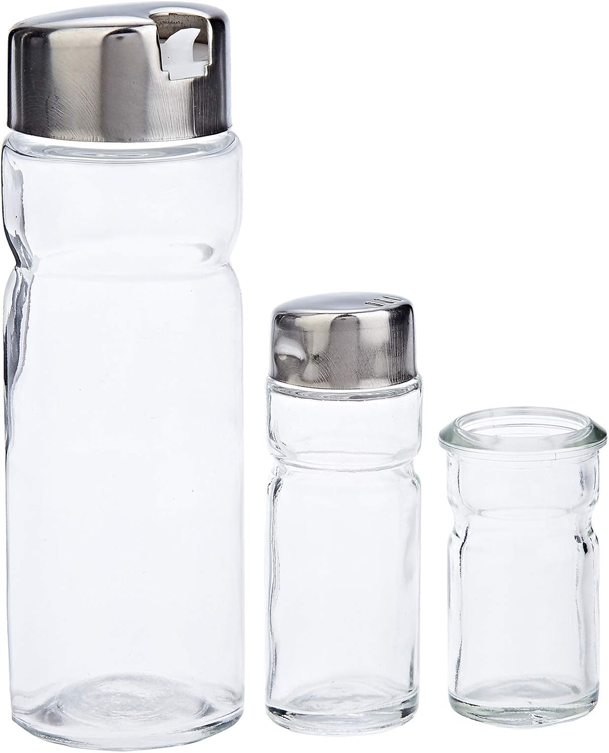 Harmony 5-Piece Salt & Pepper Shakers and Oil & Vinegar Bottles Set with Metal Stand – Clear