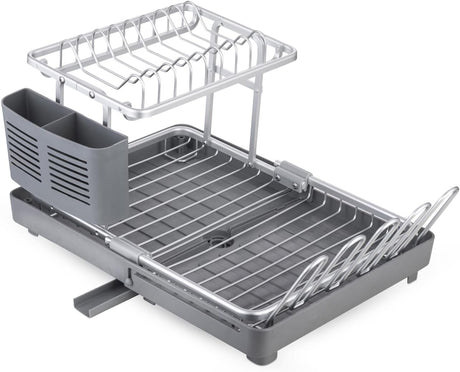 ROYALFORD RF12280 8-Plate Aluminum Dish Drying Rack – Space Saving Kitchen Drainer with Cup Holder, Easy Installation, Black Finish