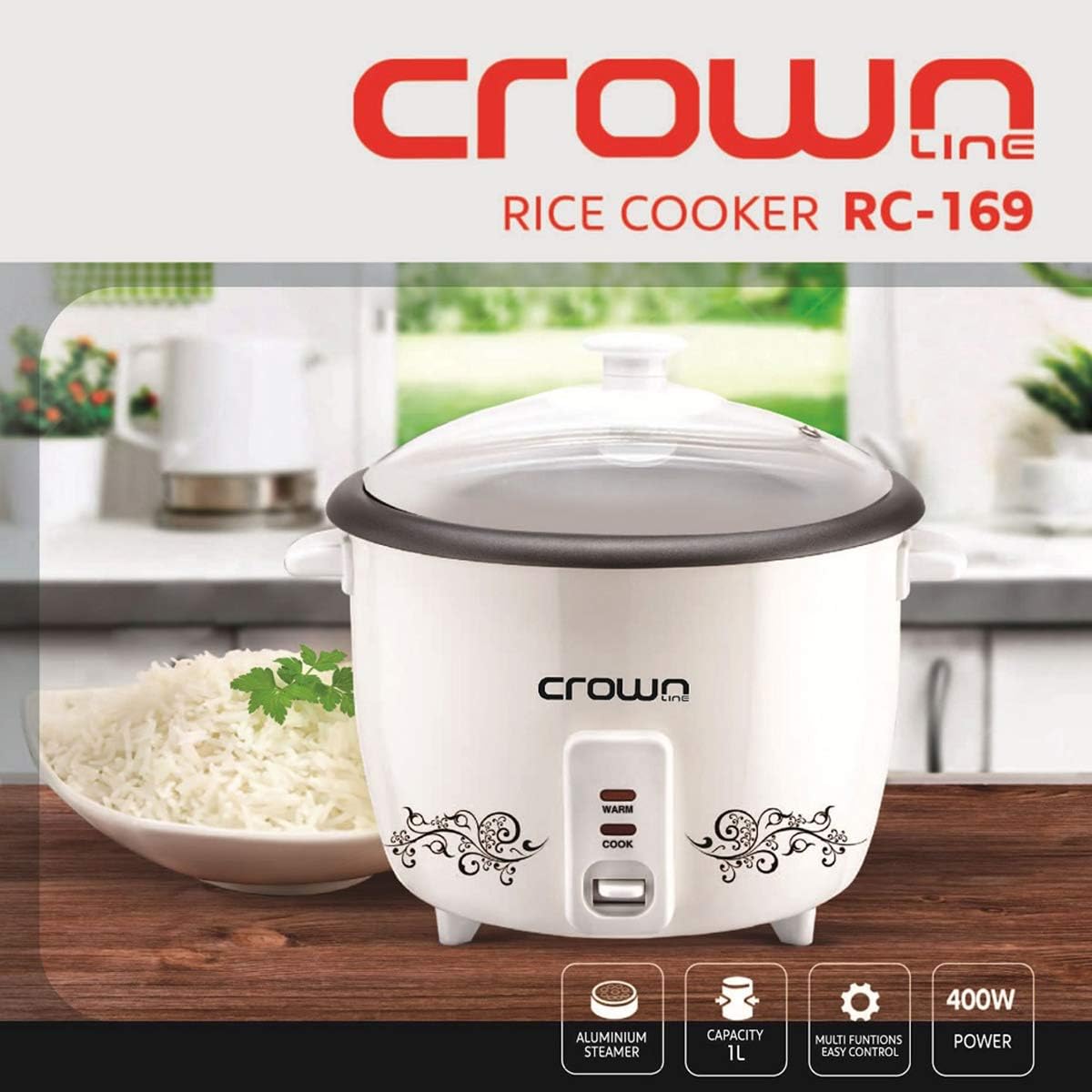 Crownline Rice Cooker with Steamer RC-169 – 1L, White