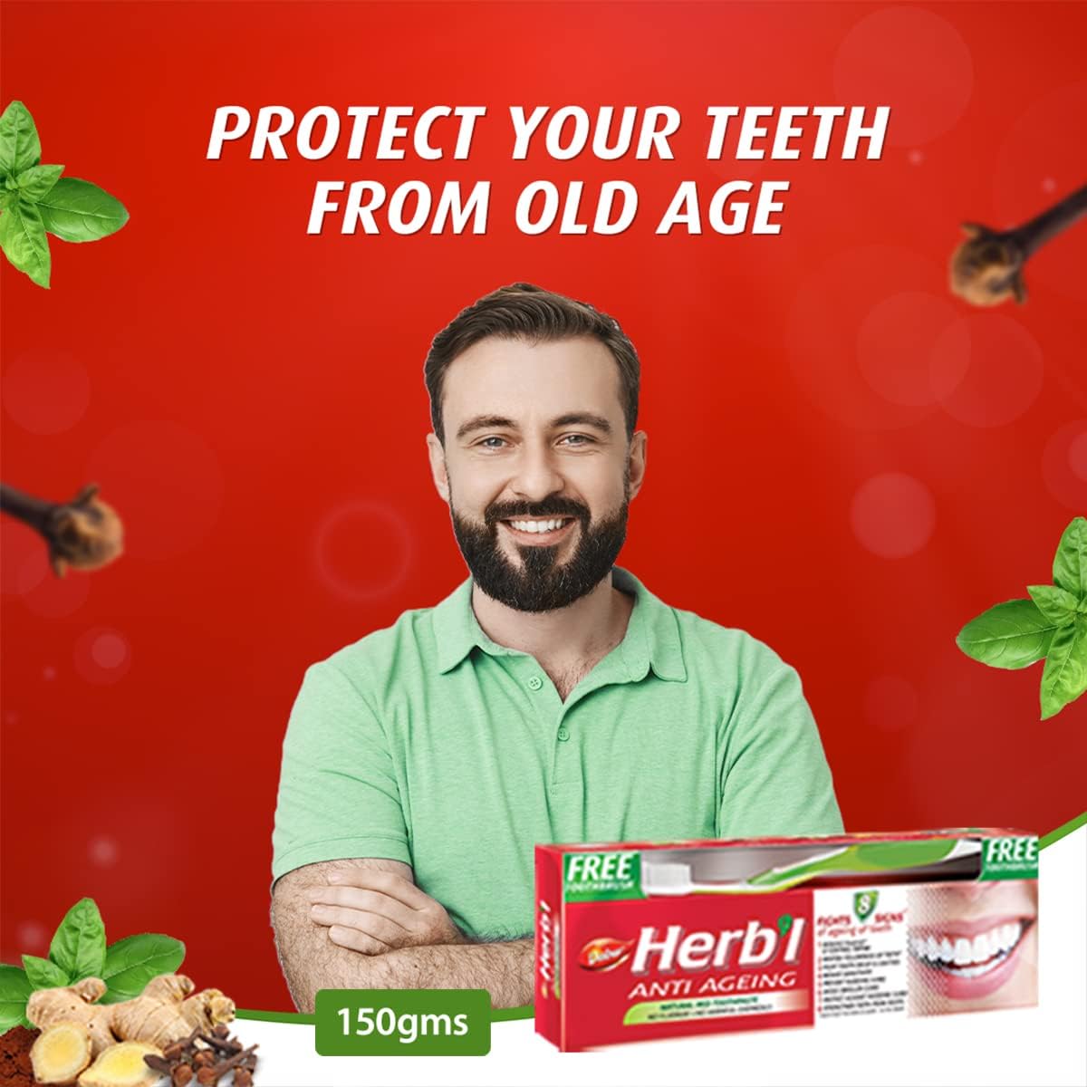 Dabur Herbal Anti-Ageing Natural Red Toothpaste (150g + Toothbrush)
