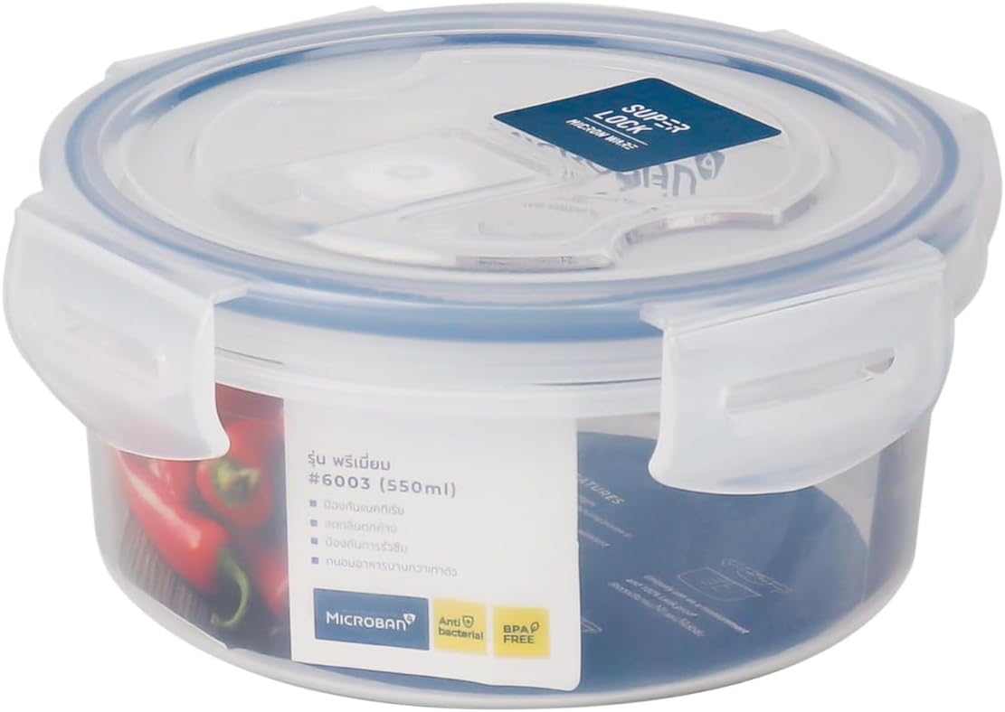 Super Lock Plastic Round Food Container With Lid 550ml-Blue&Transparent